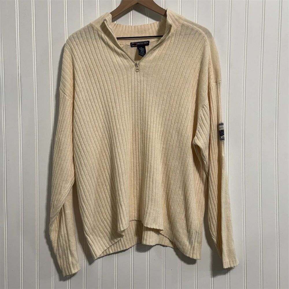 Vintage Bugle Boy‎ L Quarter Zip Sweater Ribbed Knit Cream Cotton Blend 90s Y2K